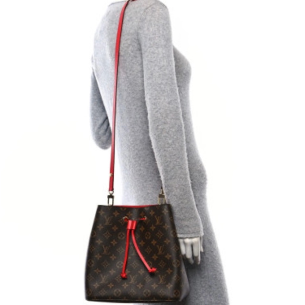 LV Nano Noe  Designer Bucket Bag with Red Accents